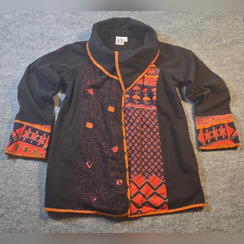​Parsley & Sage‎ Small Black Patchwork Boho Jacket Funnel Neck Cotton Blend